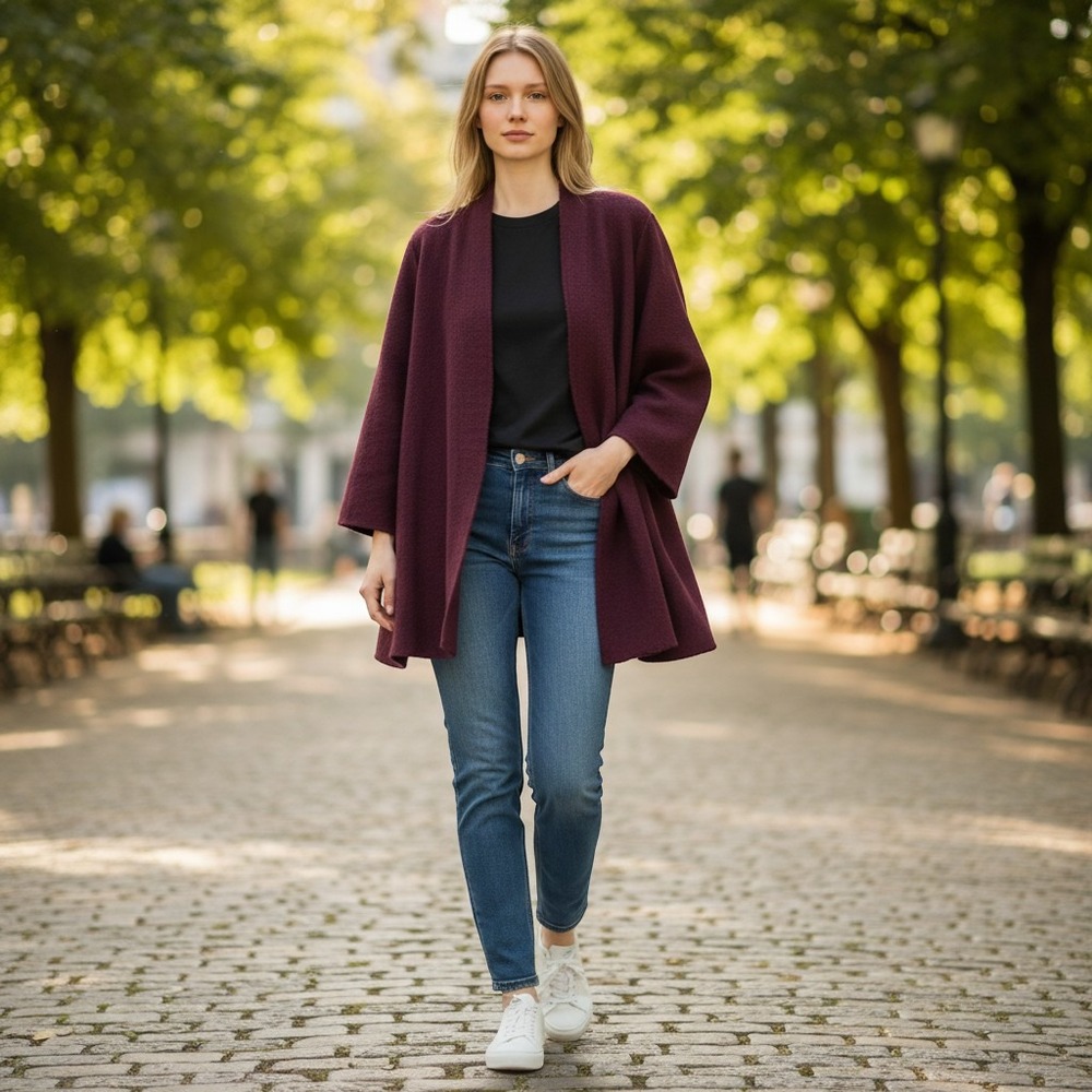 Eileen Fisher 3X Burgundy Plum Boiled Wool Open Front Cardigan Jacket Lagenlook